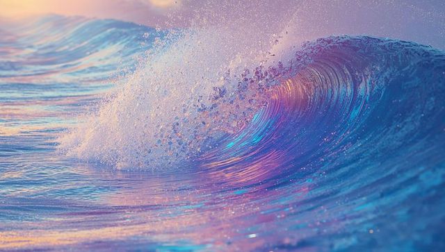 Vibrant Ocean Wave Curling at Sunset with Shimmering Foam