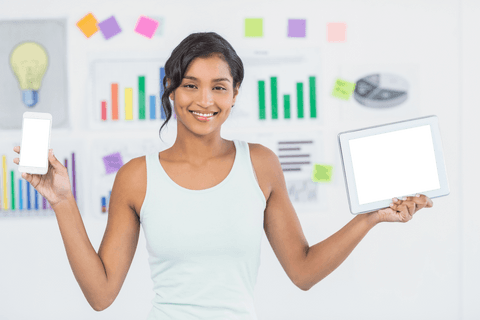 Confident Businesswoman Holding Smart Phone and Tablet in Transparent Office - Download Free Stock Videos Pikwizard.com