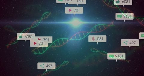 DNA Helices with Social Media Notifications in Futuristic Space Scene