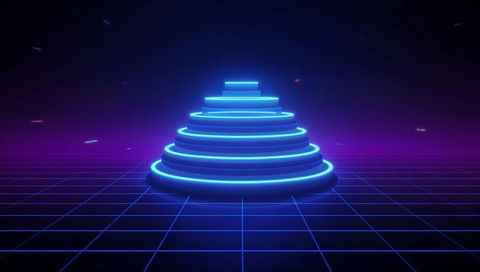 Neon tiered platform hovering on grid with retro synthwave glow and futuristic light rings