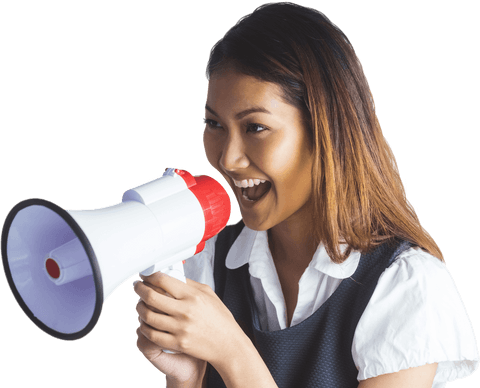 Asian businesswoman using megaphone on transparent background