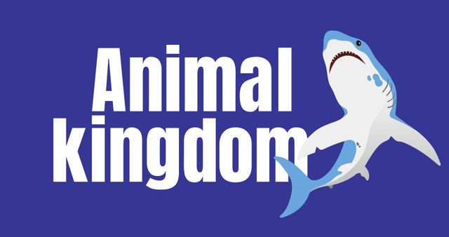 Illustration of shark fish with animal kingdom text on blue background. Cartoon, computer graphics, vector, world animal day, environmental conservation, wild animal.