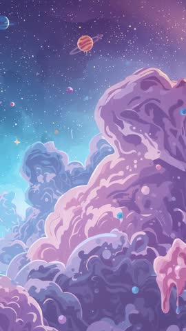 Vertical Cosmic Nebular Rockscape Dominating Space with Ringed Planet and Floating Meteors