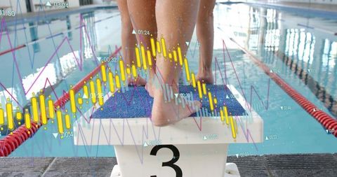 Balancing swimmer standing on starting block 3 with digital performance analytics overlay