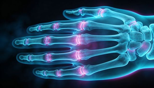 Luminescent 3d hand skeleton showing phalanges and carpals with glowing inflamed joints