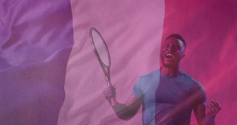 Dynamic Tennis Player in Victory with French Flag Overlay
