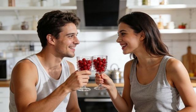 Young couple clinking goblets of cherries celebrating romance and healthy life in kitchen