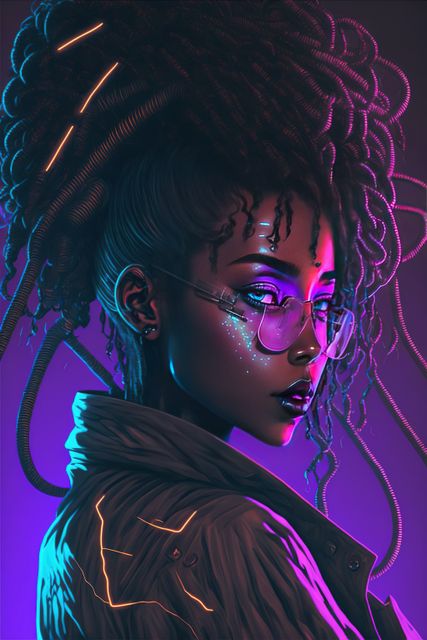 Depiction of a woman with intricate braided hairstyle and futuristic neon glasses, emitting glowing lights. Perfect for uses in sci-fi, cyberpunk themes, urban fashion concepts, digital art showcases, tech and innovation marketing, and modernist artistic displays.
