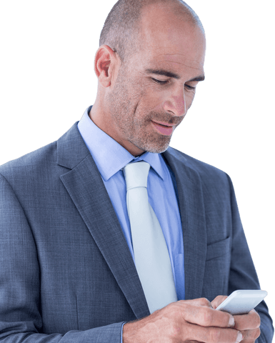 Confident businessman using cellphone on transparent background