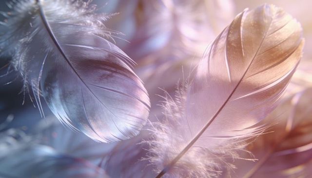 Iridescent pastel feathers macro closeup pink-gold blue-violet sheen soft downy texture
