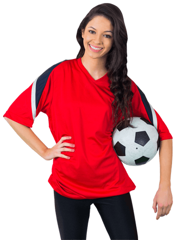 Cheerful Female Soccer Fan in Red Jersey Holding Ball on Transparent Background