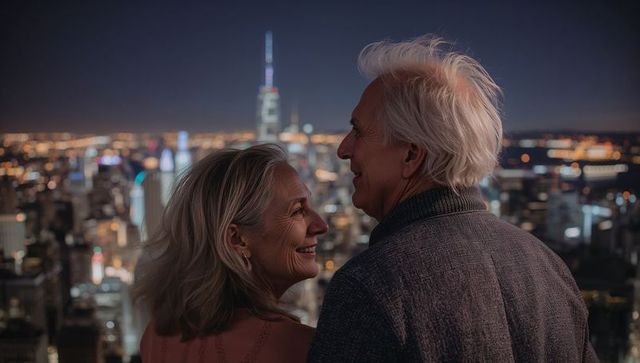 Senior couple gazing and enjoying romantic rooftop night overlooking city skyline lights
