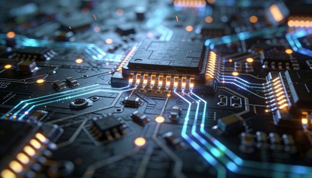 Glowing Microchip with Neon Circuit Traces on High-Tech PCB Macro Close-Up