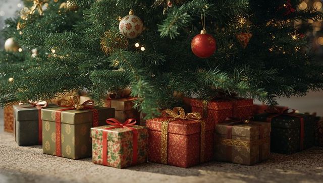 Festive christmas tree with gifts wrapped and lit in cozy interior