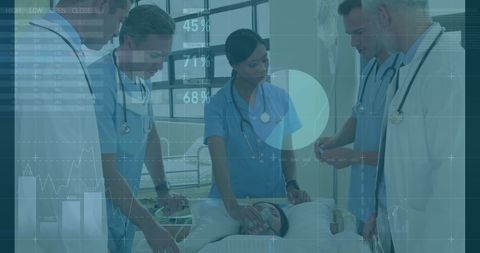 Doctors Reviewing Patient On Medical Data Overlay