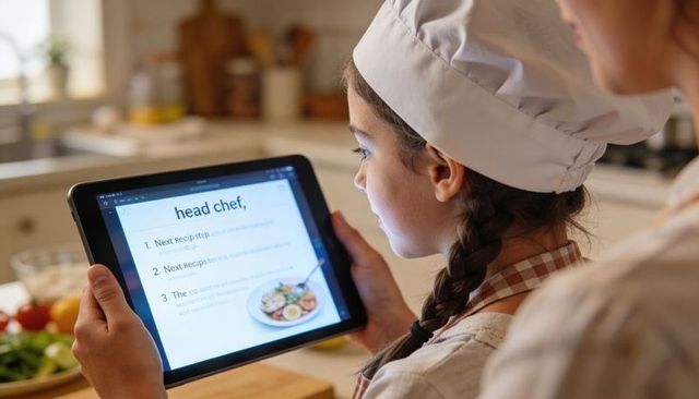 Young girl wearing chef hat holding tablet and following recipe while learning cooking
