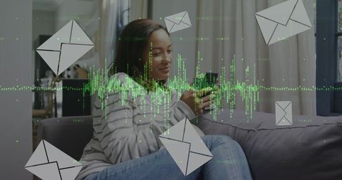 Woman Using Smartphone with Digital Data and Email Overlays