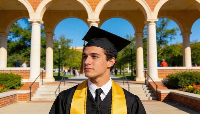 Confident male graduate wearing mortarboard and gold stole in sunlit university colonnade