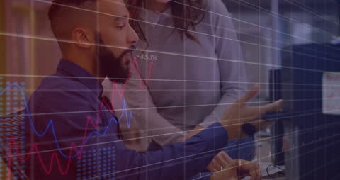 Diverse Team Analyzing Financial Data with Interactive Graph