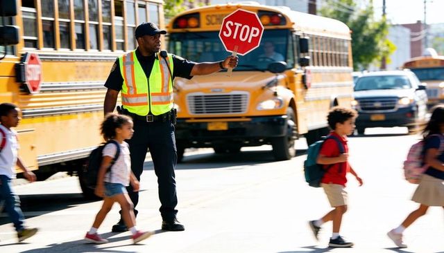 Crosswalk guard stopping traffic with stop sign guiding schoolchildren across busy street