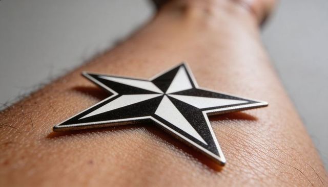 Monochrome five-point star enamel pin resting on bare forearm macro closeup skin texture