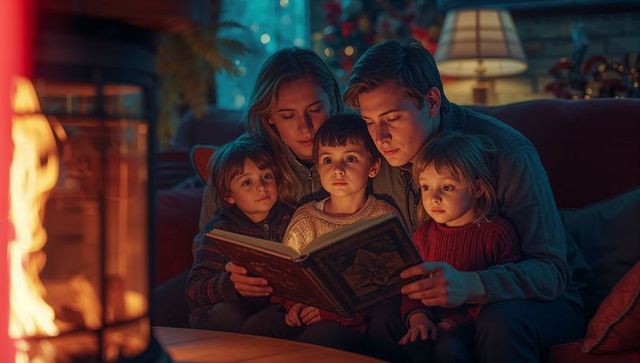 Family Enjoying Story Time by Cozy Fireplace in Winter