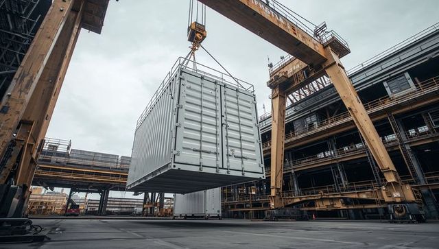Yellow gantry crane hoisting white shipping container at industrial port terminal