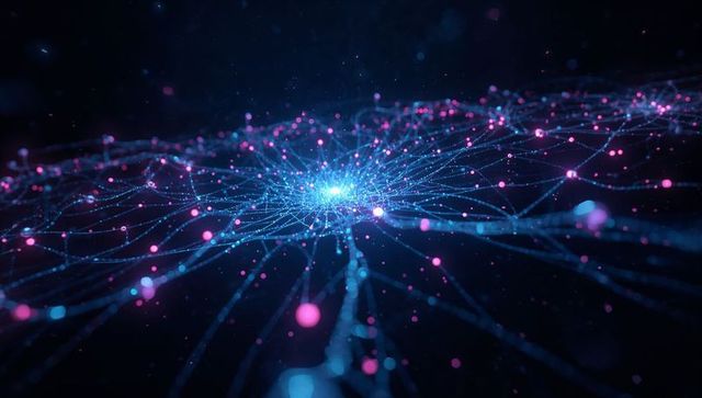 Radiating neural network hub sending glowing cyan filaments and magenta nodes across void