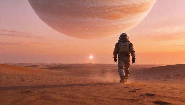 Astronaut walking across alien desert toward beacon under massive gas giant on horizon