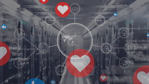 Digital Media Icons Over Modern Server Room Network Background