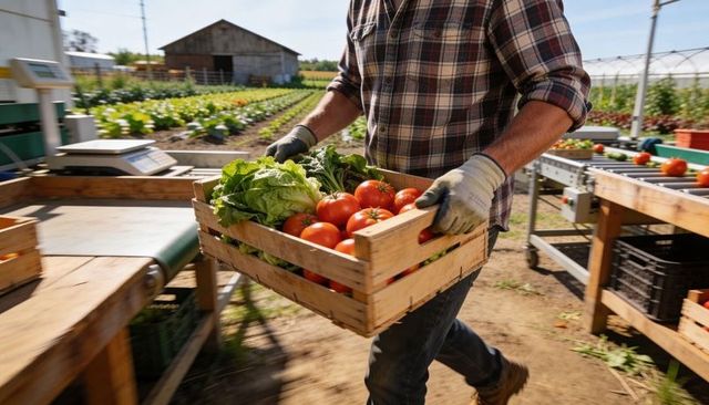 Carrying crate of fresh tomatoes and lettuce in farm packing area, plaid shirt worker