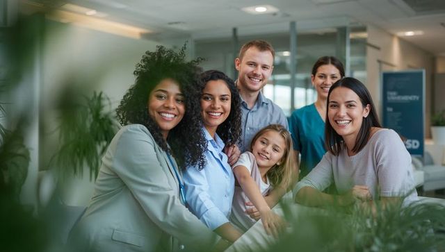 Diverse healthcare team smiling in clinic reception with child patient and stethoscope