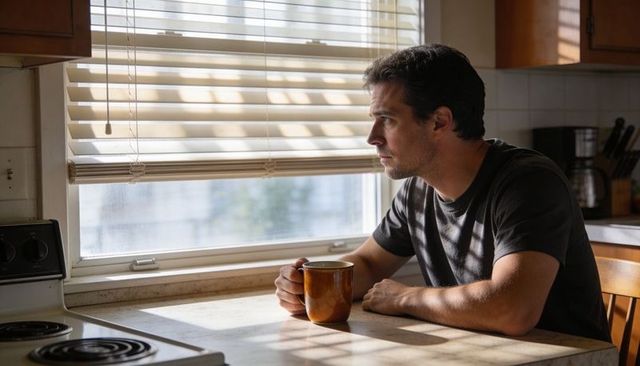 Sunlit morning man sitting at kitchen table holding mug and gazing through blinds