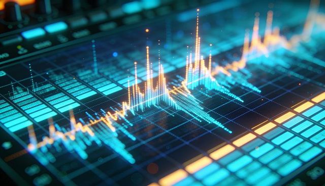 Showing neon 3d data waveform with glowing orange peaks on futuristic led grid interface
