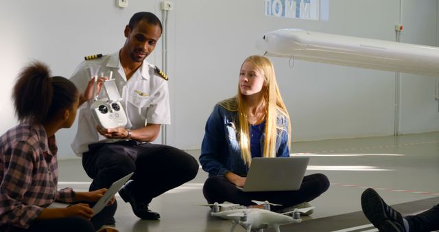 A diverse group of young students listens attentively to an African American pilot during a class, with copy space. The pilot is engaging with the students in an educational setting, discussing aviation topics and the use of drone technology.