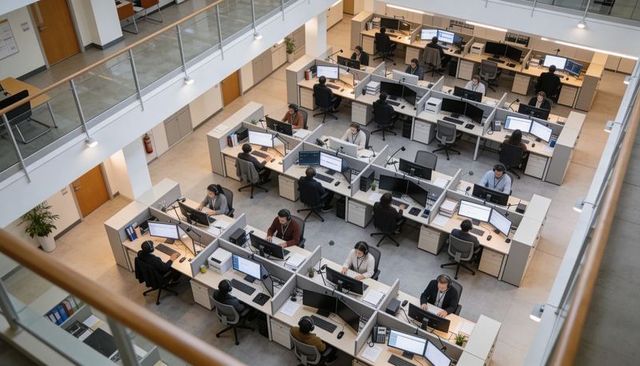Open-plan office team working in atrium cubicles with dual monitors and headsets