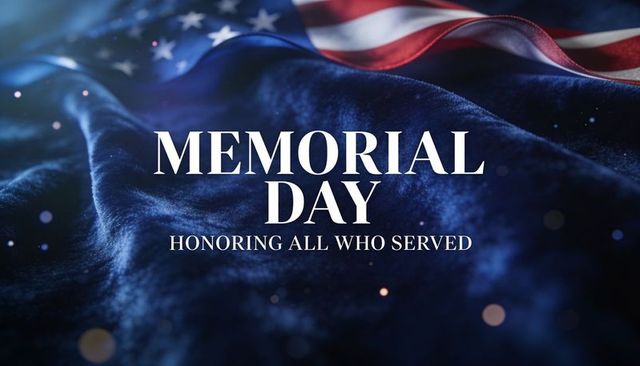 Memorial day tribute honoring veterans over waving american flag velvet background