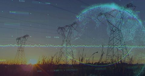Digital energy innovation at sunset with power lines and data overlay