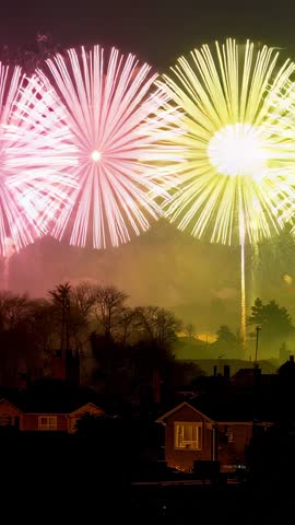 Vertical video launching pink and gold fireworks over neighborhood rooftops nighttime spectacle