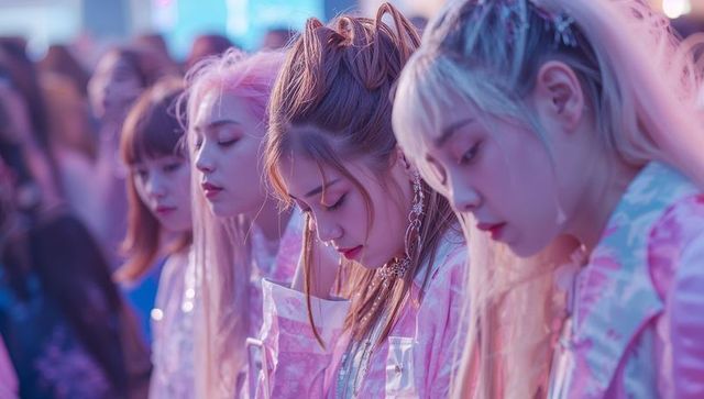 Backstage Bonding of Asian Performers in Neon Glow