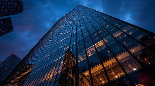 Glass Skyscraper Reflecting Warm Office Lights at Dusk with Dramatic Vertical Perspective