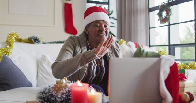 Senior Woman Celebrating Christmas Online with Video Call - Download Free Stock Images Pikwizard.com