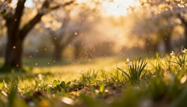 Golden meadow daffodils glowing with pollen in sunlit bokeh during golden hour sunrise
