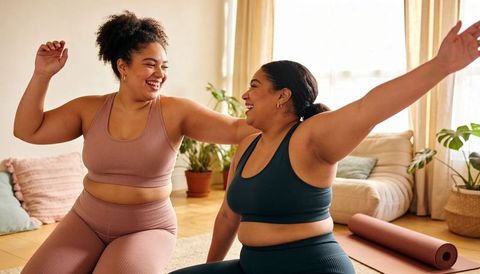 Smiling friends stretching in cozy living room activewear practicing home yoga and wellness