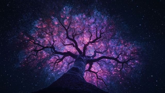 Luminescent cosmic tree canopy illuminating nebula night sky from upward trunk perspective