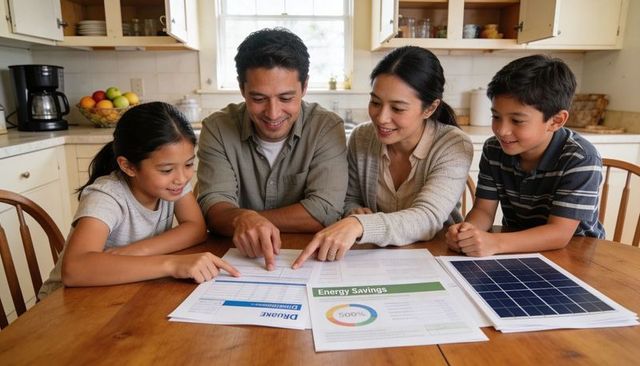 Family reviewing energy savings and solar plan at kitchen table with children pointing at charts