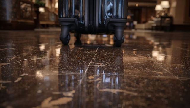 Luxury Travel Suitcase on Marble Floor in Elegant Hotel Lobby
