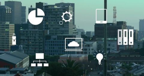 Digital icons over cityscape representing financial data processing