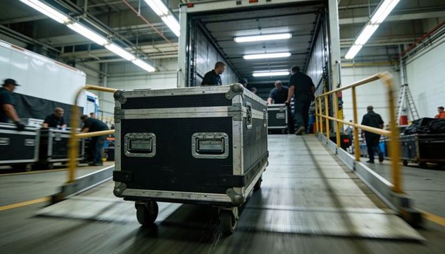 Rolling black road case on loading dock ramp with crew loading gear, warehouse logistics