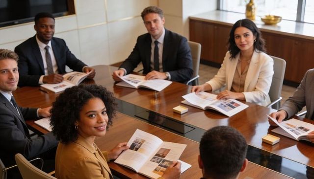 Diverse executive team reviewing brochures at modern boardroom table for strategy planning